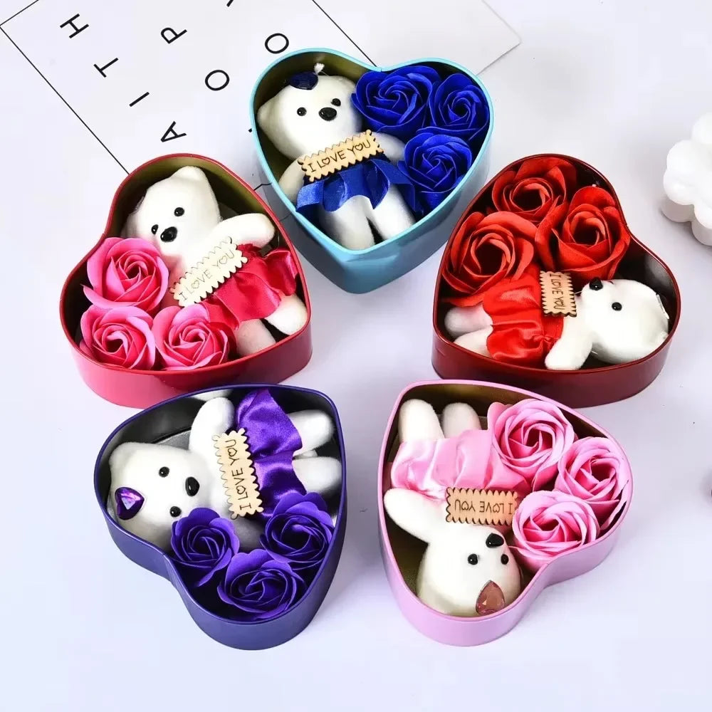 Heart-Shaped Gift Box with Teddy Bear & Faux Roses – A Sweet Surprise for Any Occasion